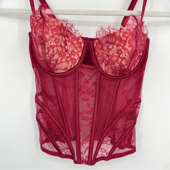 Victoria’s Secret Sheer Lace Lingerie Corset top Red Burgundy Size 36C - Picture 2 of 5